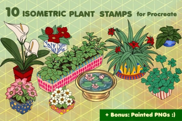 Hand-Drawn Isometric Plant Stamps for Procreate: A Creative Tool for Digital Artists